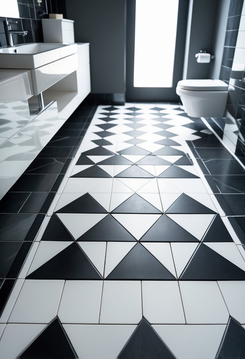 Bathroom floor with a white and black triangle tile pattern in a clean and modern setting.