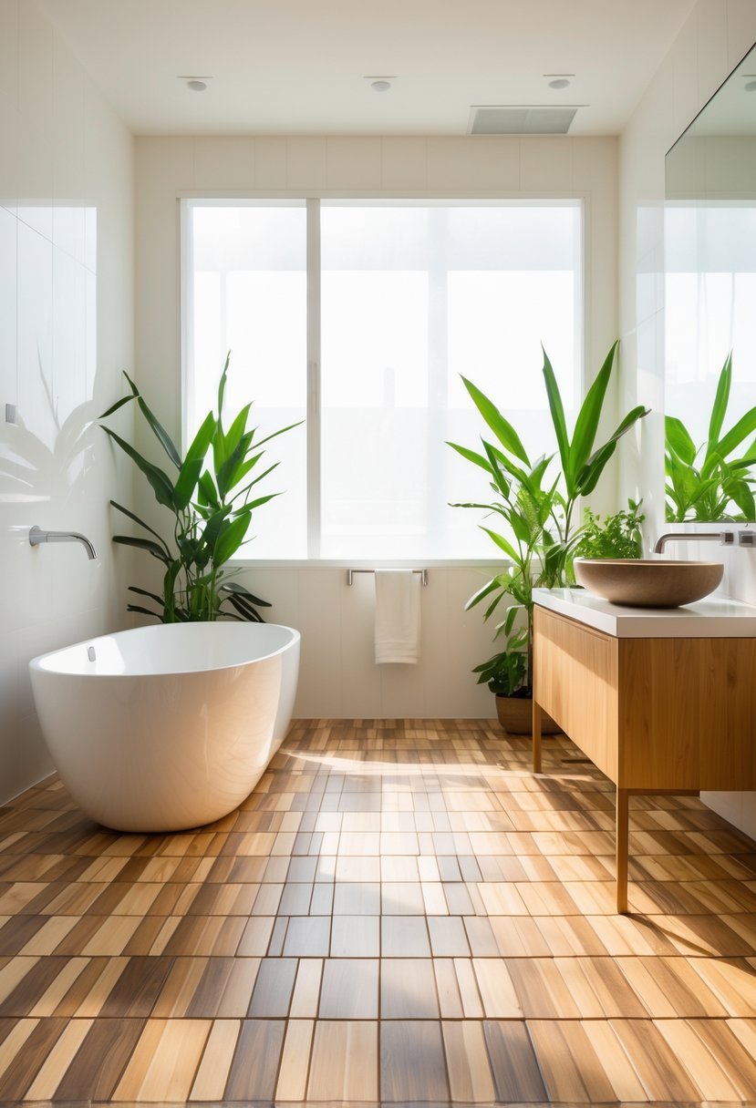 A modern bathroom with bamboo composite floor tiles, a white bathtub, wooden vanity, and green plants.