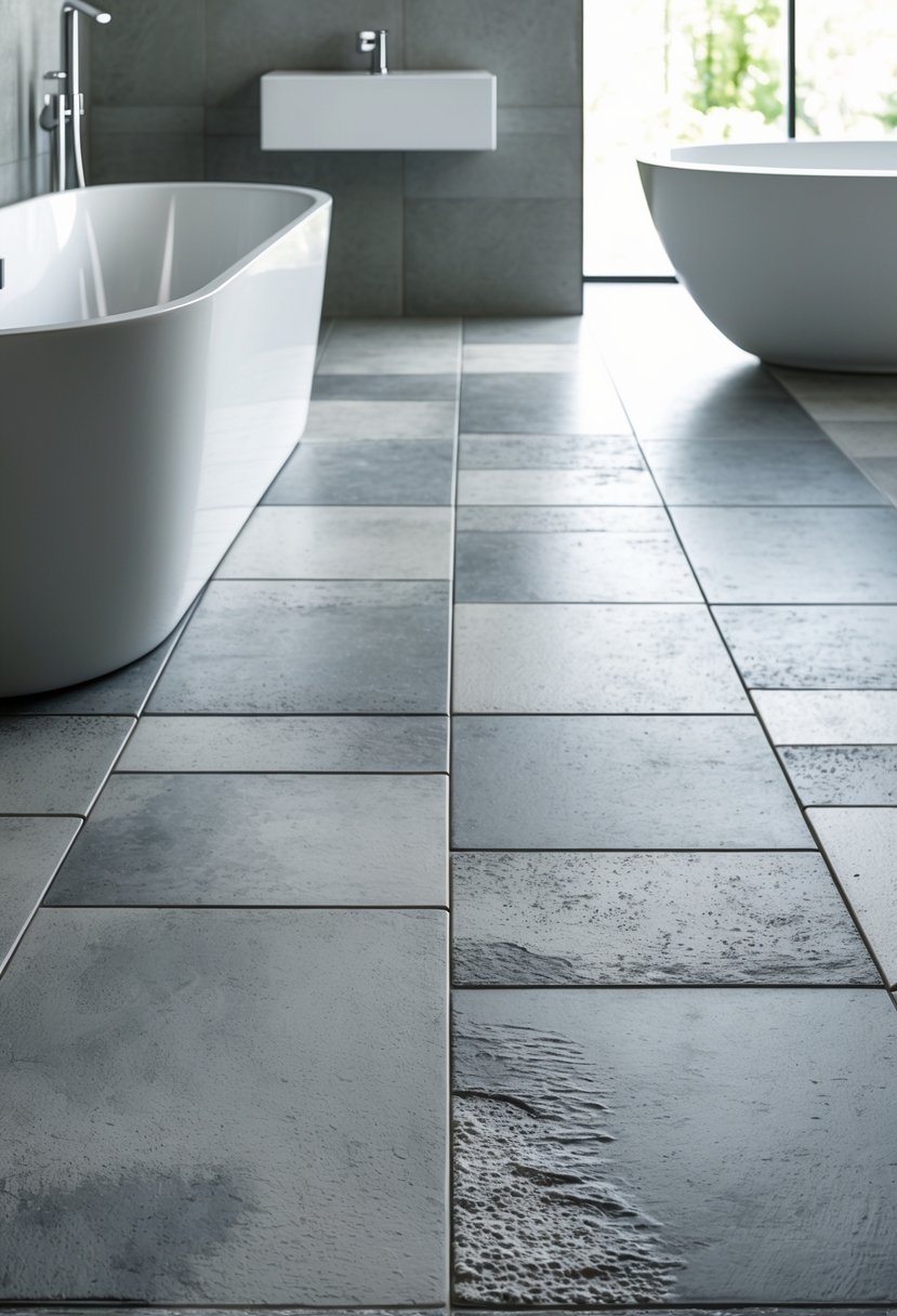 A bathroom floor covered with textured gray tiles resembling concrete, with part of a white bathtub visible.