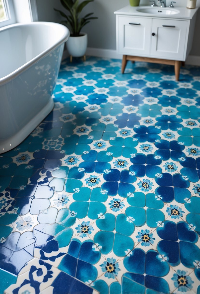 Bathroom floor covered with blue Moroccan ceramic tiles featuring intricate patterns, with a bathtub and vanity visible in the background.