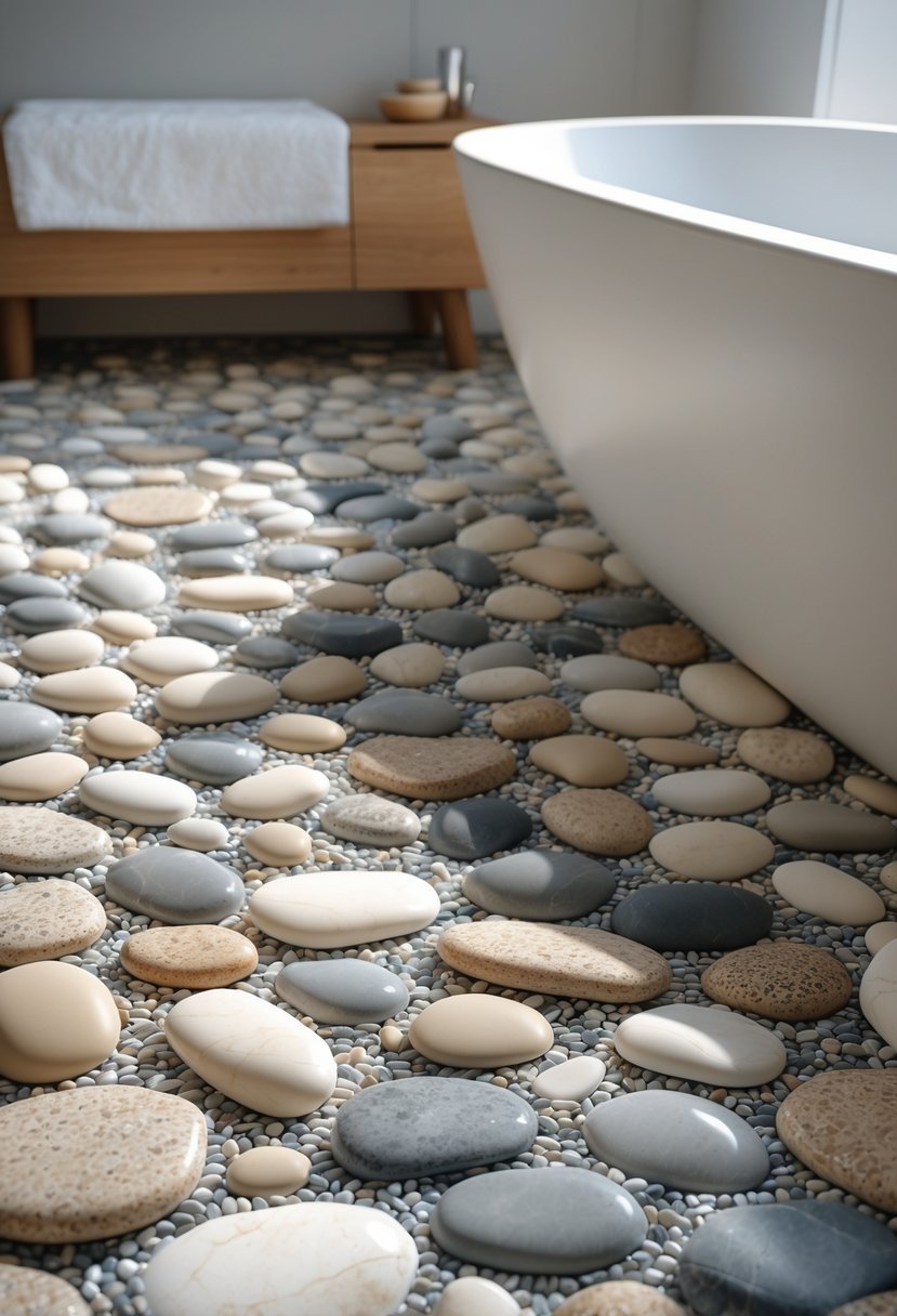 Bathroom floor covered with natural pebble mosaic tiles in various neutral tones, softly lit and showing a portion of modern bathroom fixtures.