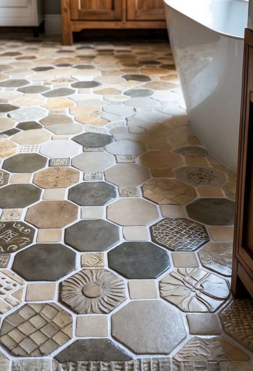 A bathroom floor covered with textured hexagon cement tiles in various earthy tones and patterns.
