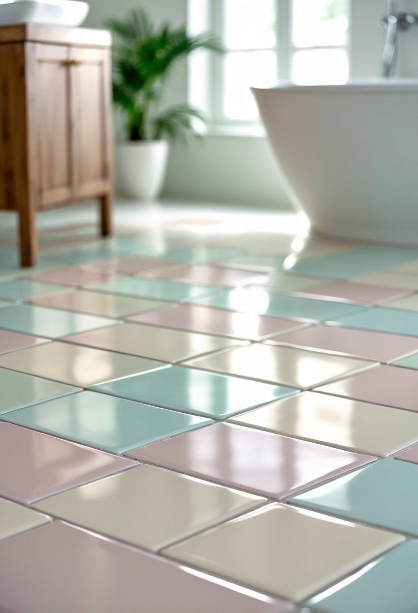 A bathroom floor with soft pastel ceramic tiles in light pink, mint green, pale blue, and beige arranged in a patterned layout.