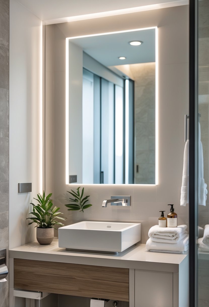 A bathroom with a single sink vanity, mirror, faucet, and neatly arranged toiletries.