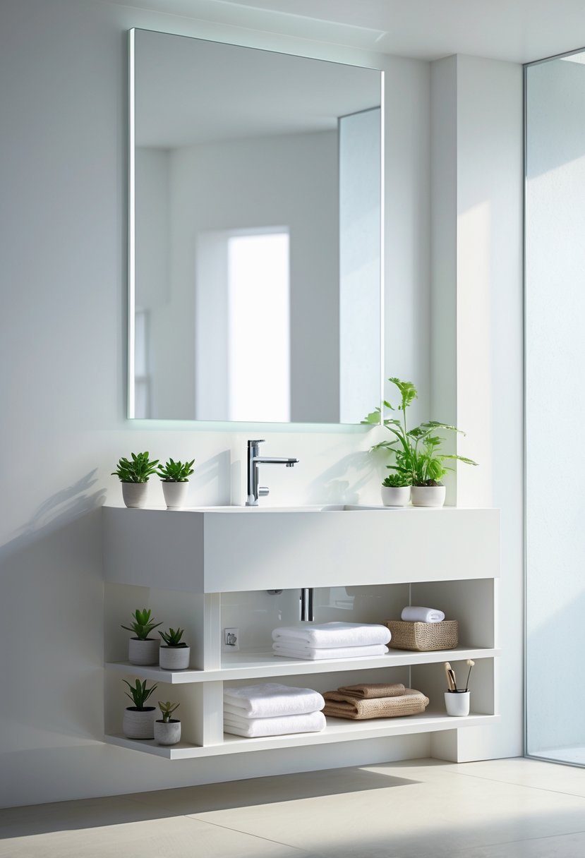 A bathroom with a floating single sink vanity that has open shelves holding towels and plants.