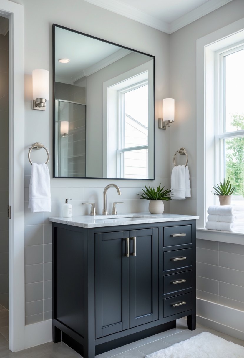 A modern bathroom with a black single sink vanity, white countertop, and a large mirror above it.
