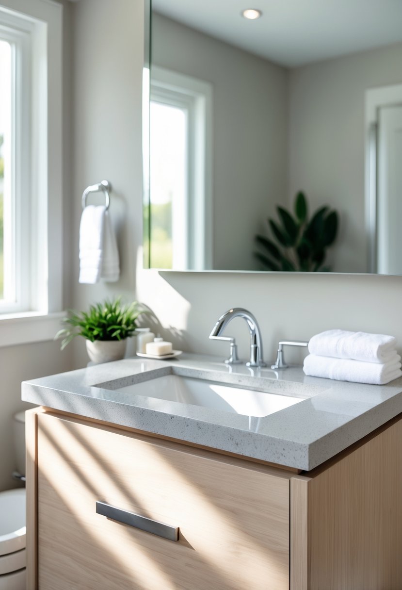 A bathroom with a single sink vanity featuring a quartz countertop, a rectangular sink, and a large mirror above it.