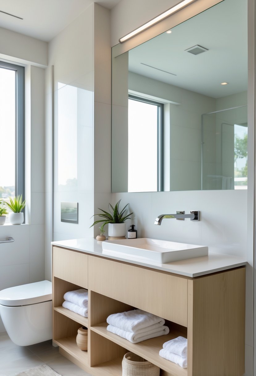 A bathroom with a custom built-in single sink vanity featuring hidden storage and a large mirror above.