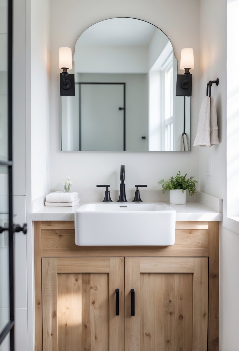 A bathroom vanity with a single white sink set in a wooden cabinet, shown in a bright and clean bathroom.