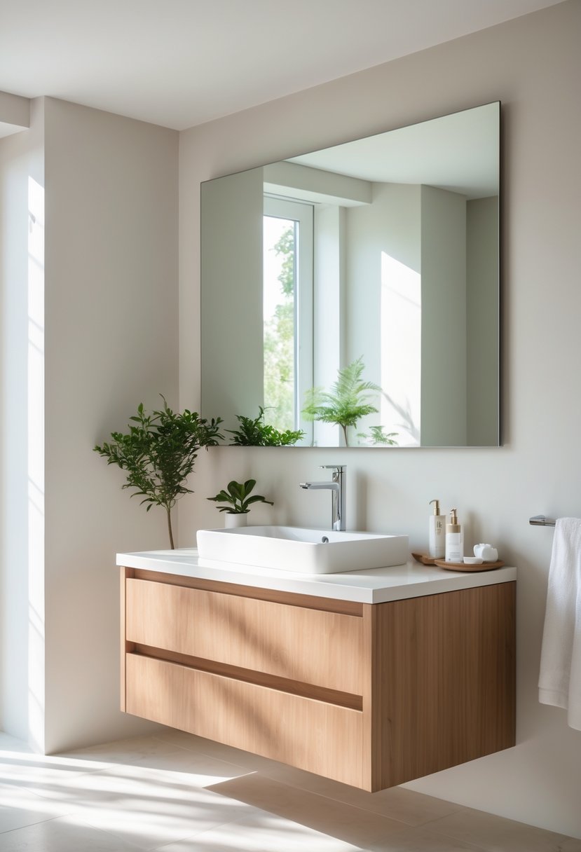 A single sink bathroom vanity with a white countertop, a rectangular sink, a chrome faucet, a large mirror, and minimal decor in a bright bathroom.