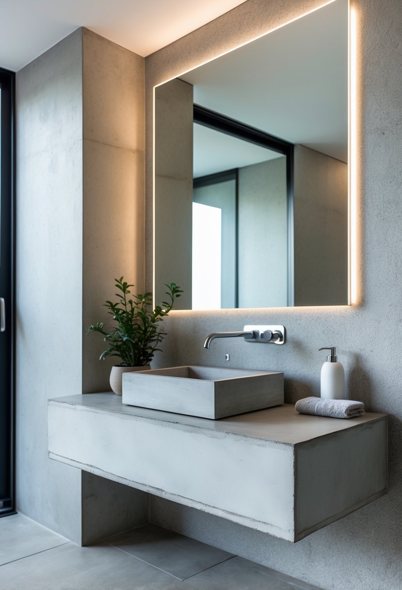 Bathroom with a concrete countertop single sink vanity, a faucet, a small plant, and a mirror above the sink.