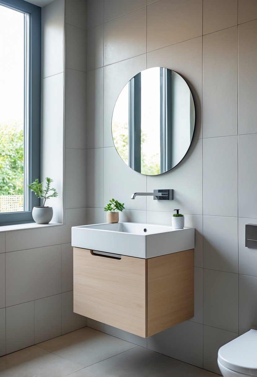 A small bathroom with a wall-mounted single sink vanity, a round mirror above it, and a small plant on the countertop.