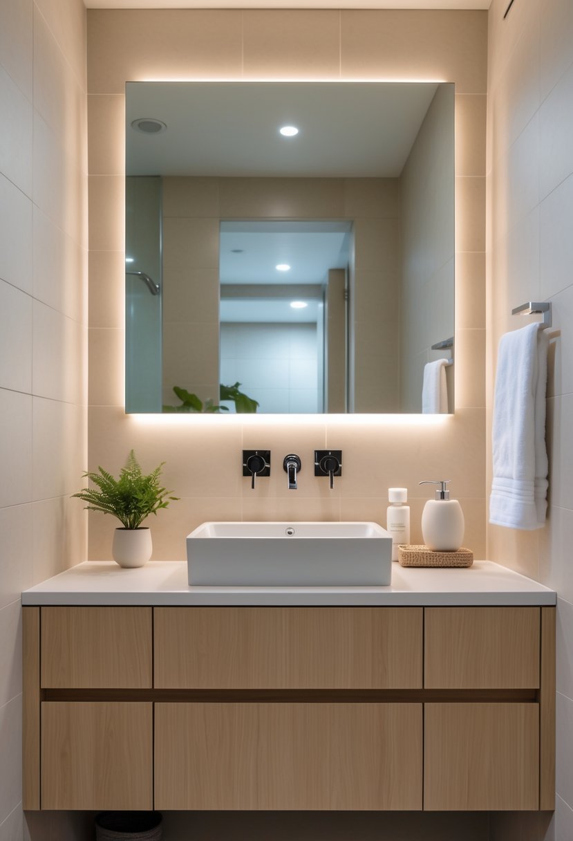 A bathroom with a single sink vanity illuminated by built-in LED lights under the mirror.