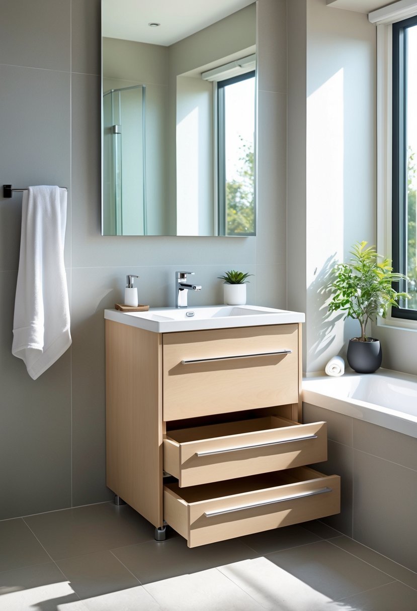 A compact bathroom vanity with a single sink and pull-out drawers, a mirror above, and simple decor in a bright bathroom.