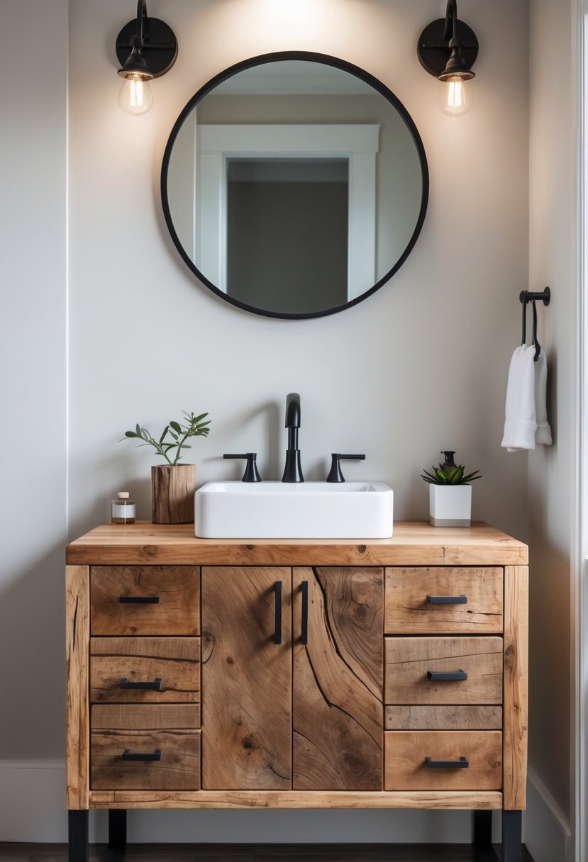 A single sink bathroom vanity made of wood with metal handles and a white ceramic sink in a well-lit bathroom.