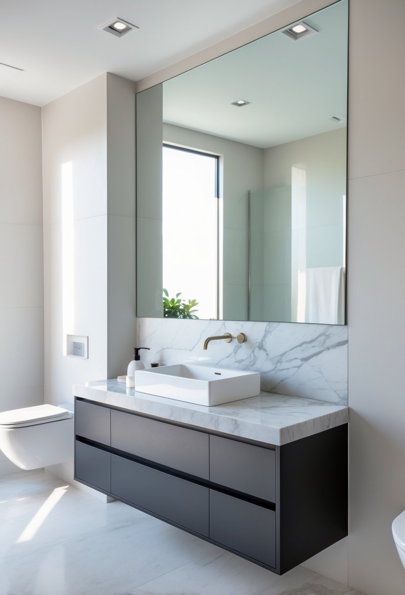 A bathroom with a two-tone single sink vanity topped with marble and a large mirror above it.