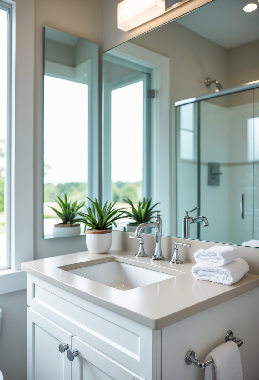 A bathroom with a single sink vanity, under-mount sink, white cabinets, and a large mirror above.