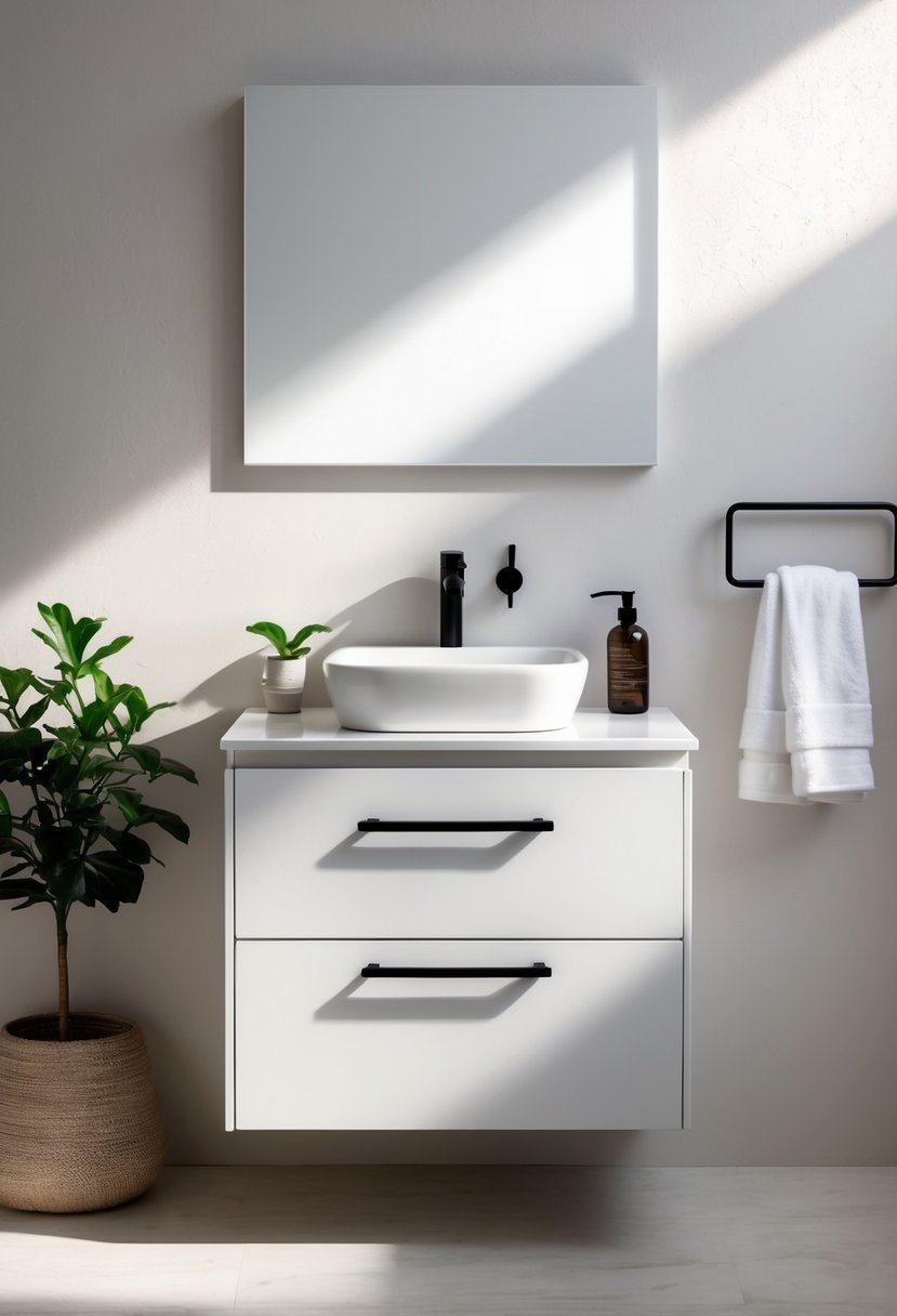 A single white bathroom sink vanity with black handles and faucet, a small green plant, and a white towel on the countertop.