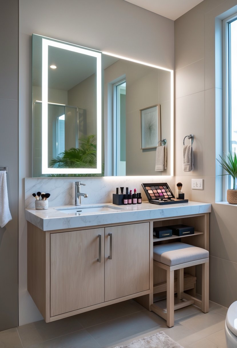 Single sink bathroom vanity with a built-in makeup station, including a mirror, stool, and makeup items.