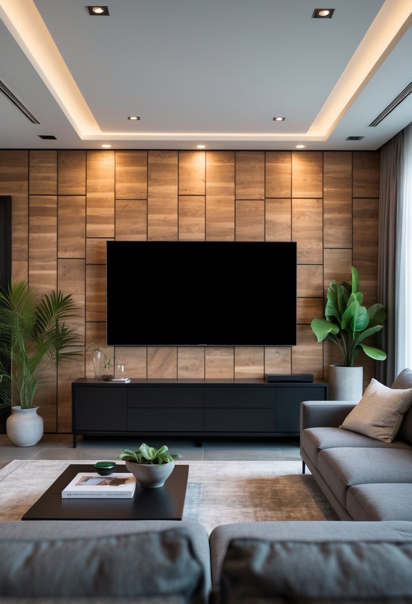 Living room with a flat-screen TV mounted on a textured wood accent wall, a gray sofa, media console, plants, and a coffee table.