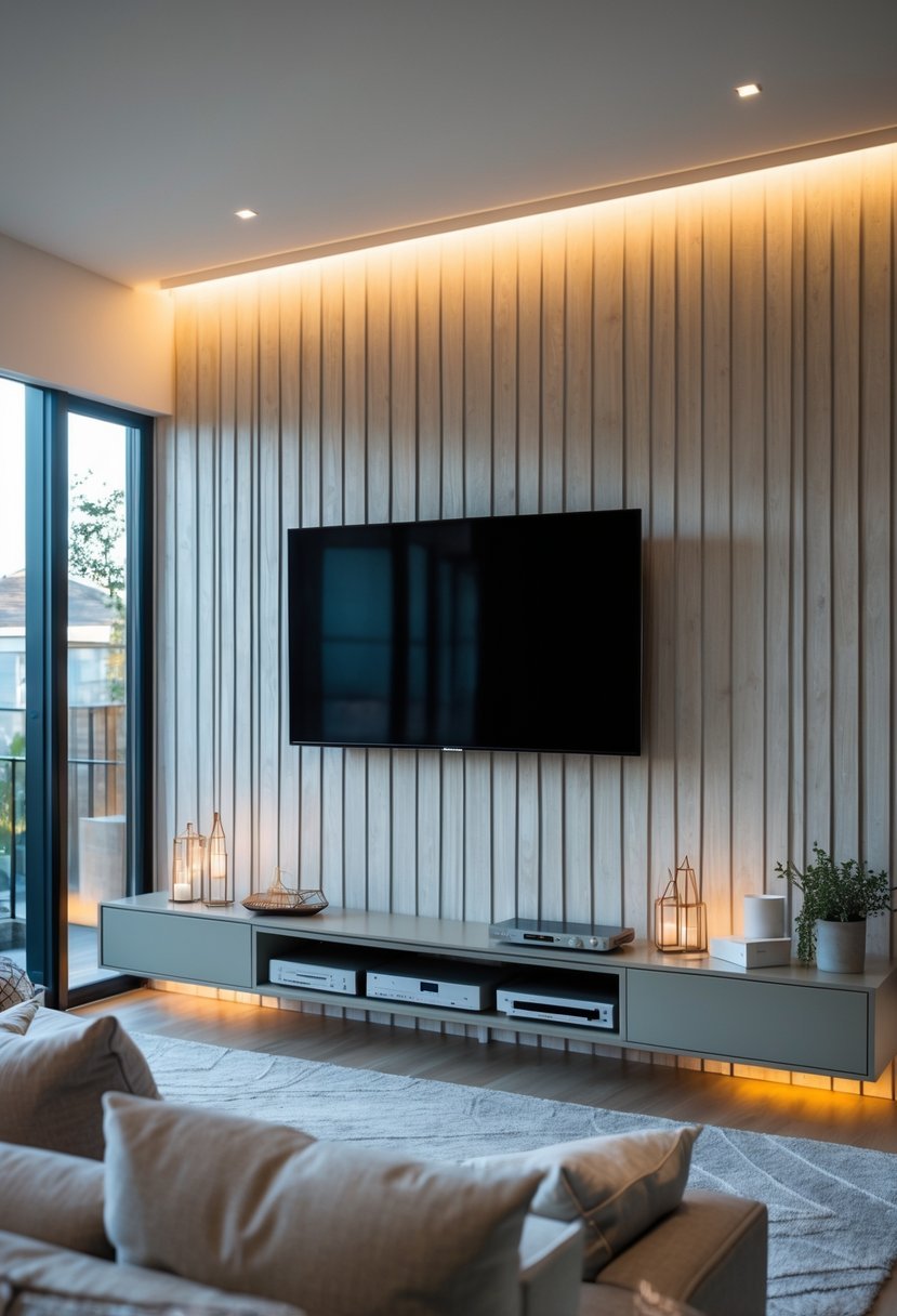 Living room with a flat-screen TV mounted on a textured accent wall and a sofa facing the TV.