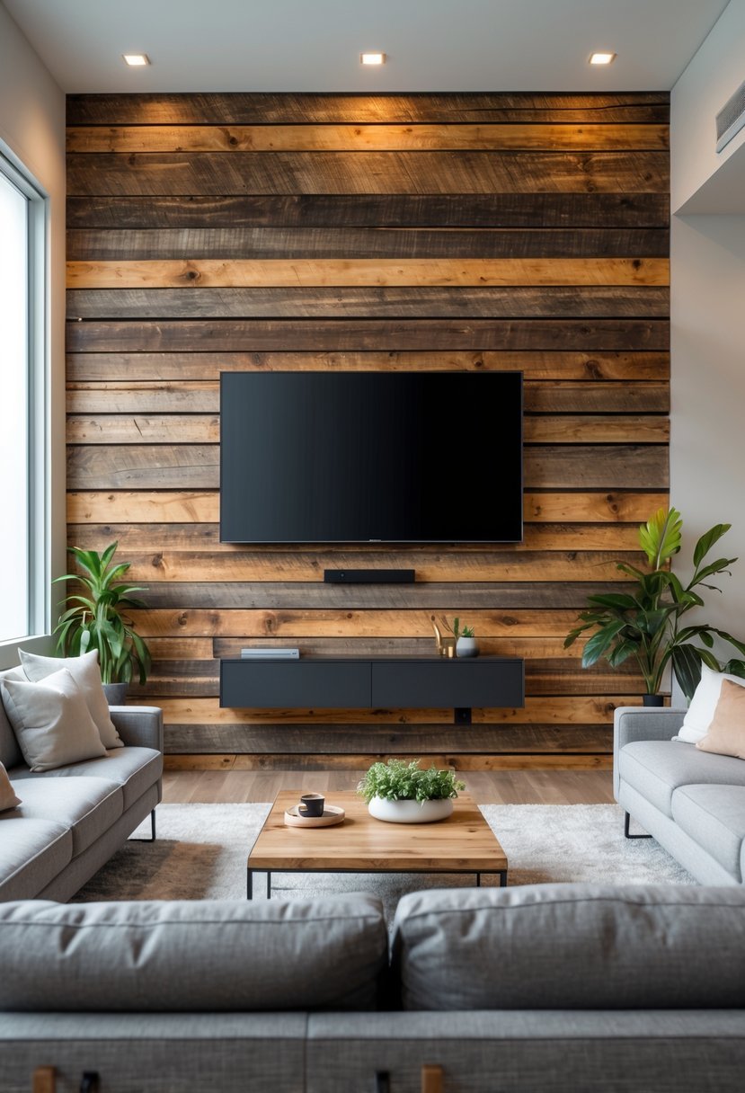 Living room with a wooden plank wall behind a mounted flat-screen TV, a sofa, coffee table, and plants.