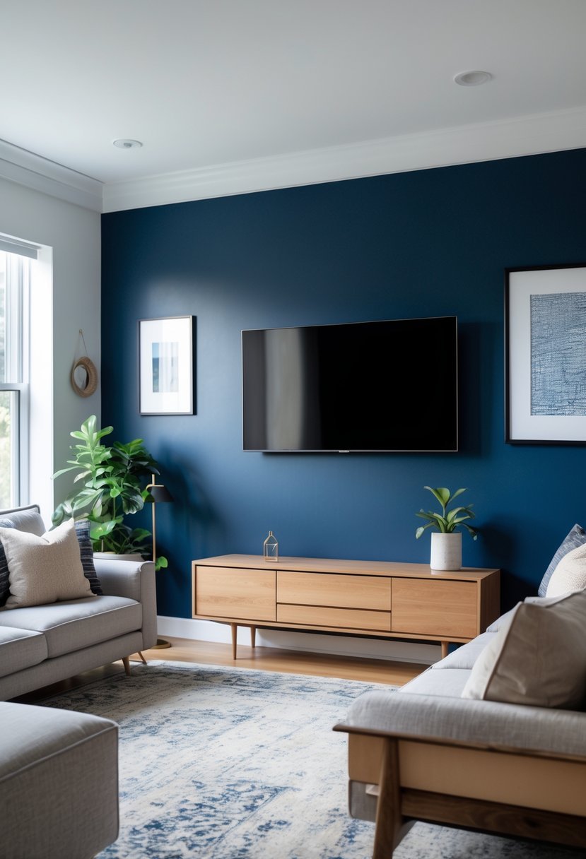 Living room with a navy blue accent wall and a flat-screen TV mounted above a wooden console, with a sofa and decorative plants.