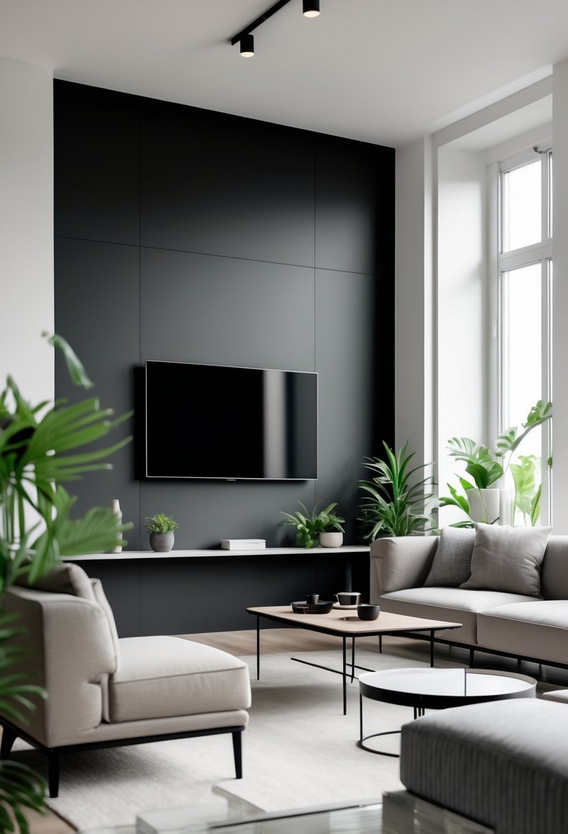 Living room with a matte black accent wall behind a mounted TV, a sofa, coffee table, and decorative plants.