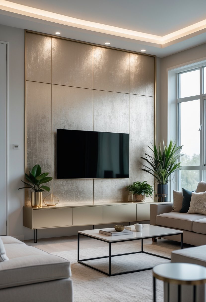 Living room with a flat-screen TV mounted on a wall featuring subtle metallic details, surrounded by modern furniture and decor.