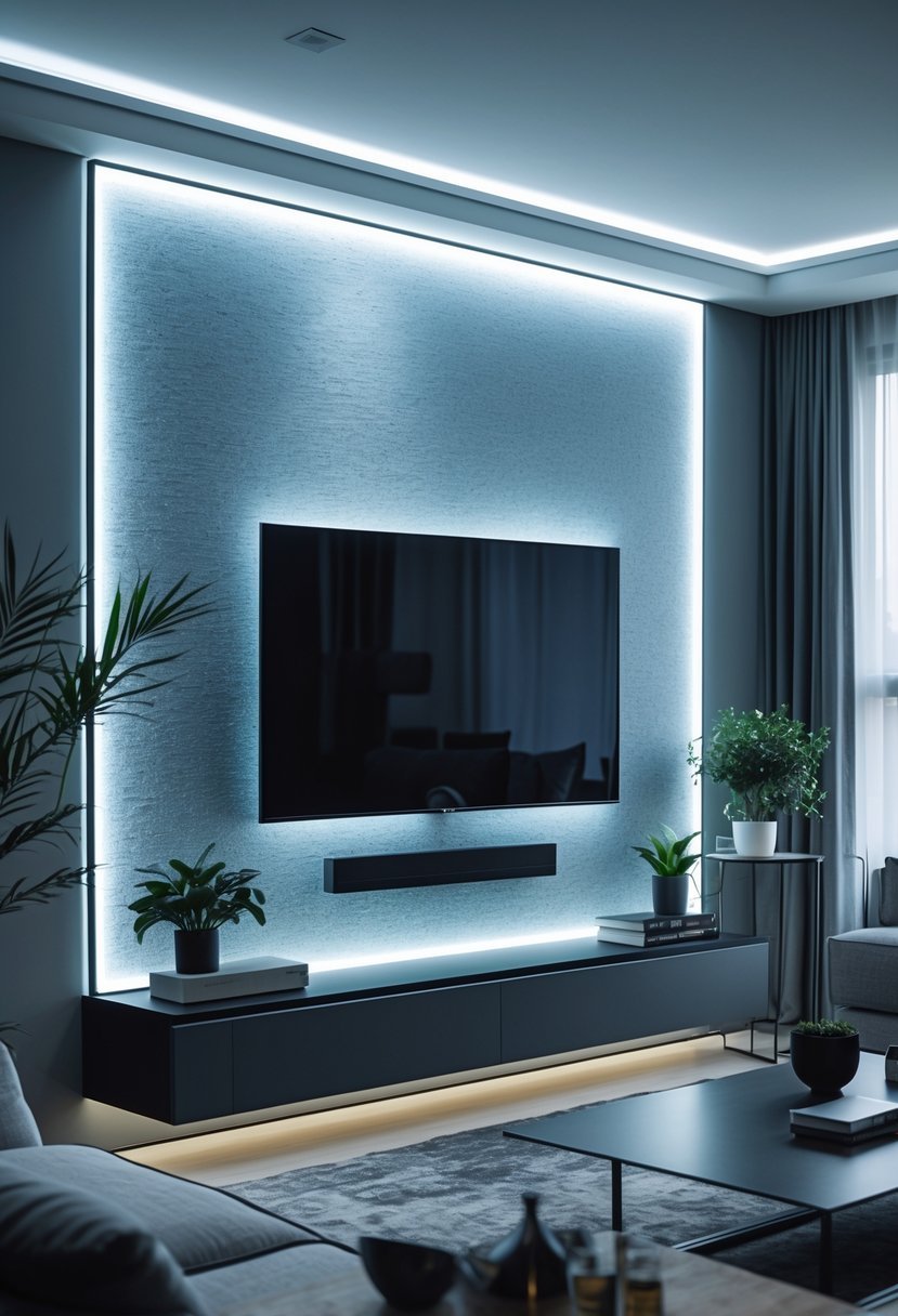 Living room with a backlit LED panel accent wall behind a mounted TV, a sofa, coffee table, and decorative plants.