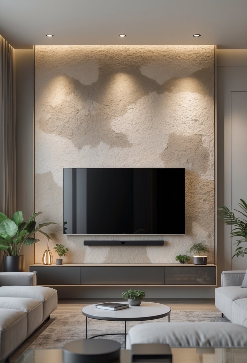 Living room with a textured neutral-toned plaster wall and a flat-screen TV mounted on it, surrounded by modern furniture.