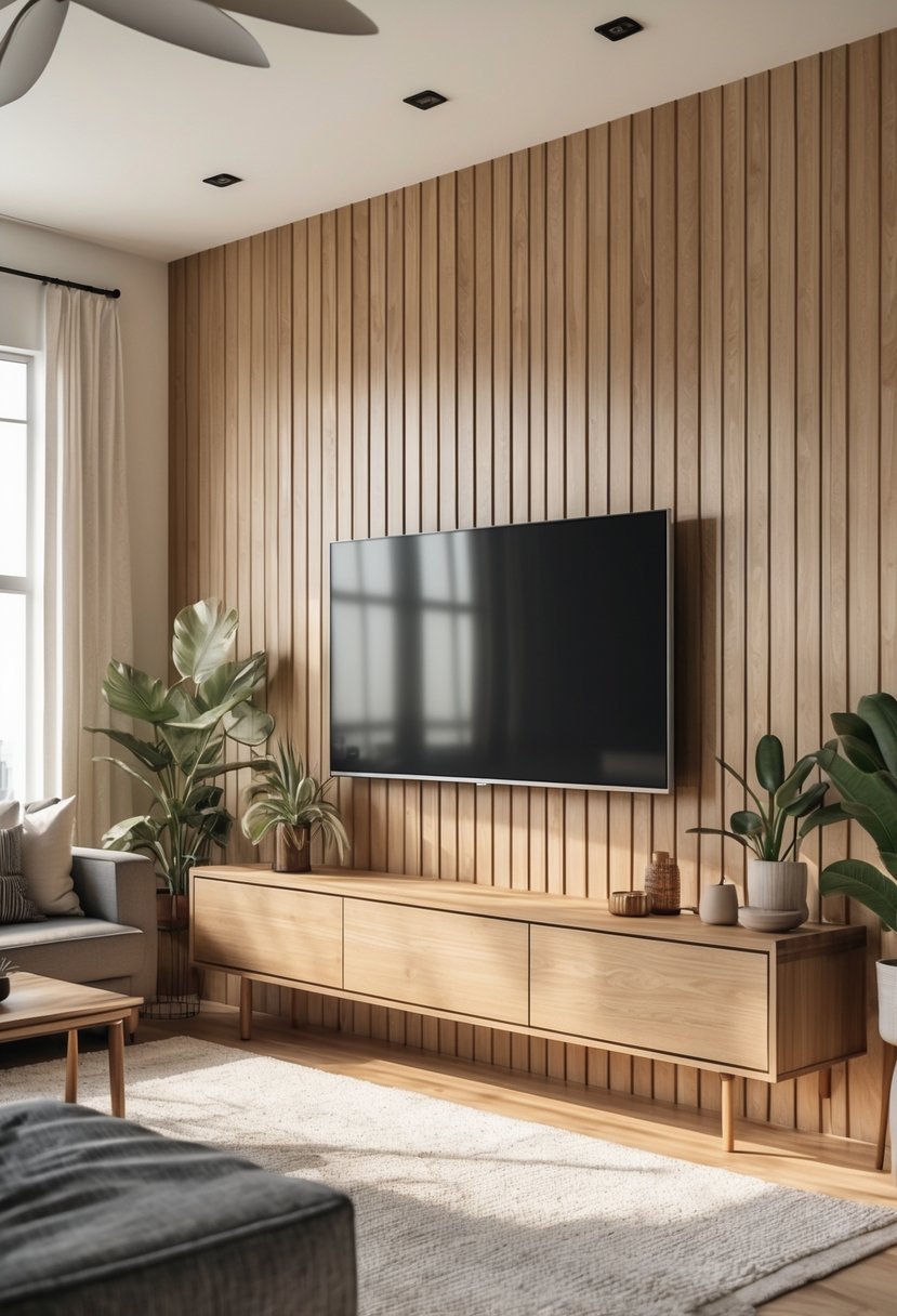 Living room with a vertical wooden accent wall behind a mounted TV, a sofa, and a media console.