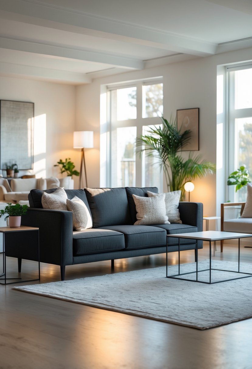 A living room with a dark gray sofa, coffee table, area rug, wall art, and indoor plants.
