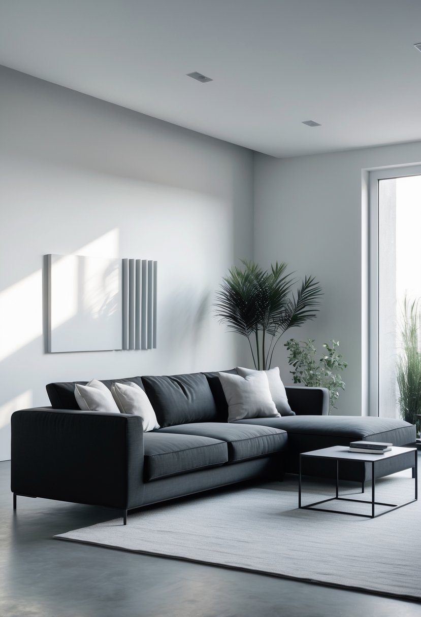 Living room with a dark gray sofa against light-colored walls, a coffee table, and natural light coming through large windows.