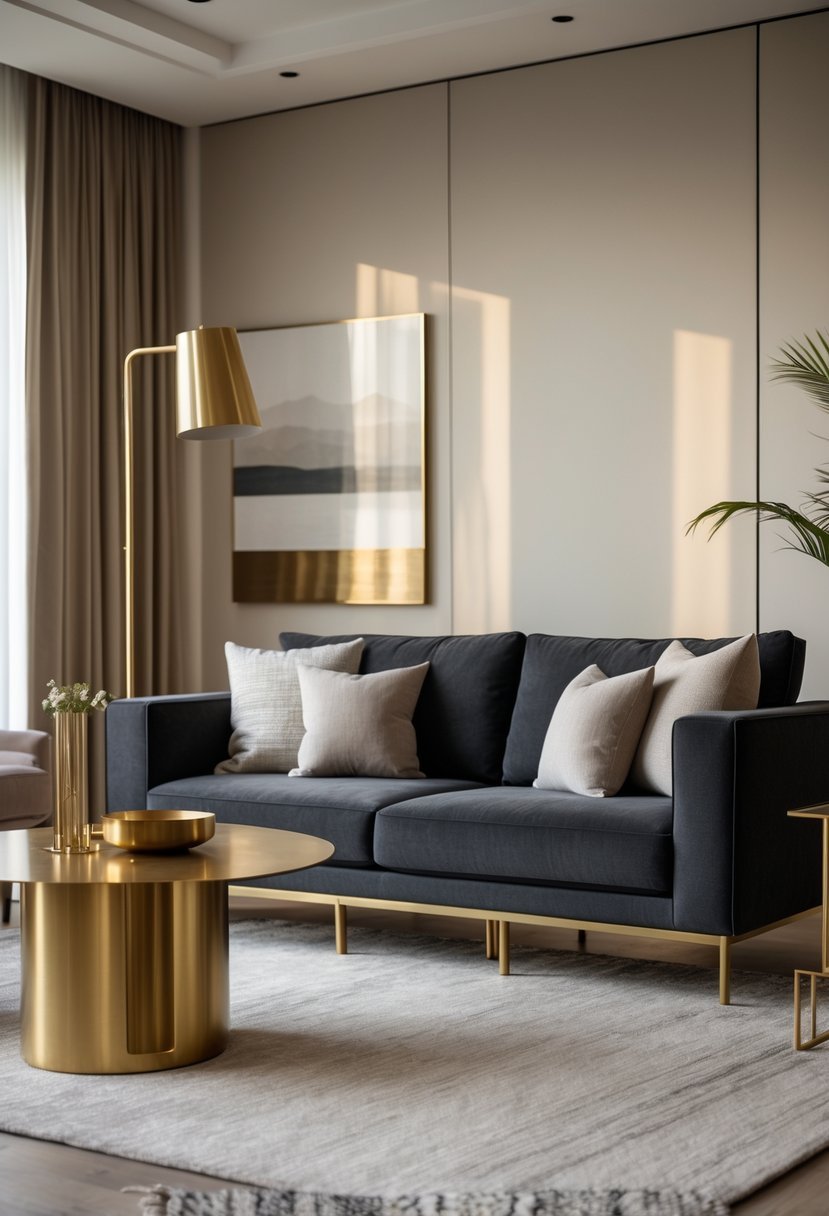 A living room with a dark gray sofa, a brass floor lamp, and a brass coffee table.