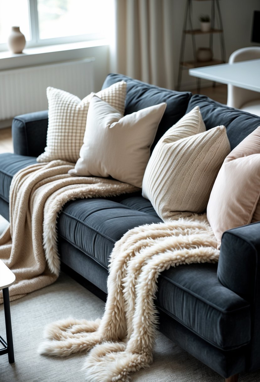 A dark gray sofa in a living room with plush pillows and throws arranged on it.