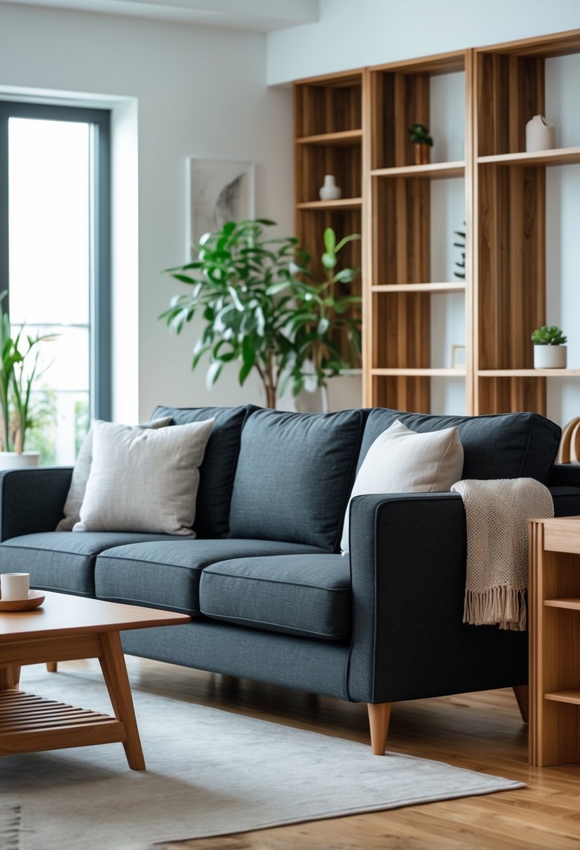 Living room with a dark gray sofa and wooden furniture, including a coffee table and shelves, with natural light coming through windows.