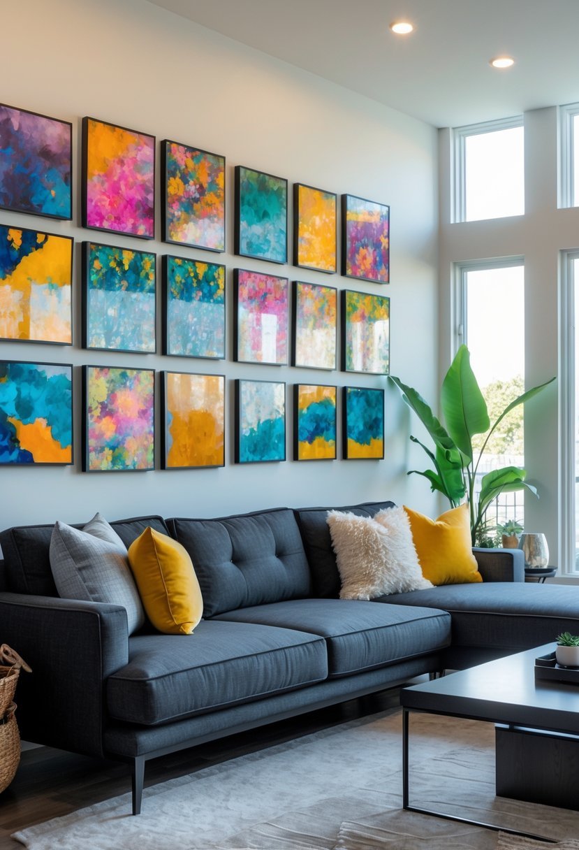 Living room with a dark gray sofa and colorful artwork on the walls.