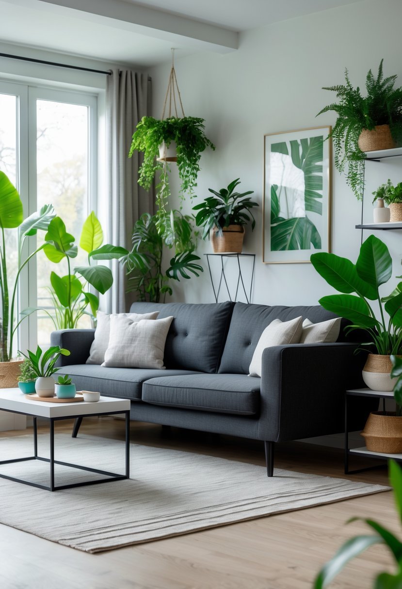 Living room with a dark gray sofa surrounded by various green plants and natural light coming through large windows.