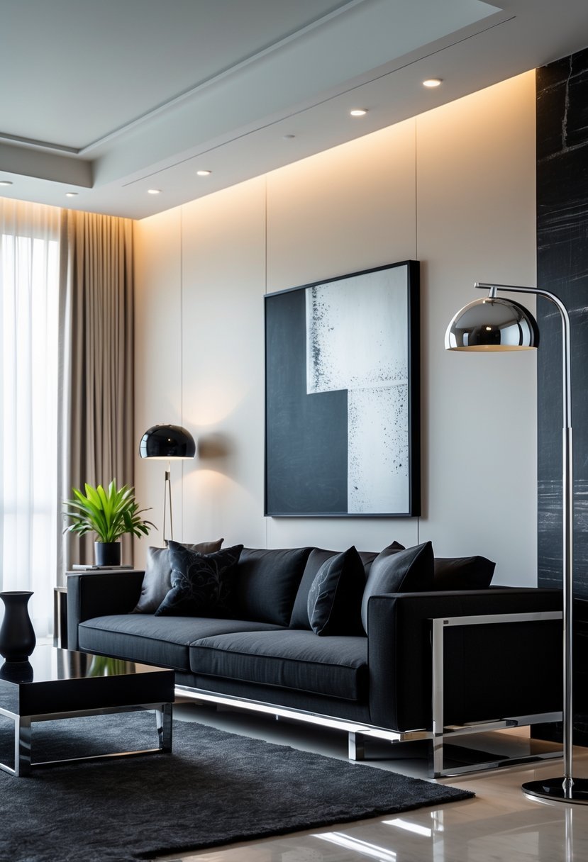 A living room with a dark gray sofa, black and chrome accent pieces, a coffee table, floor lamp, and a small plant.