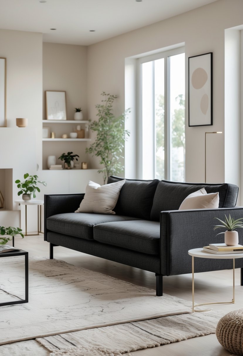 Living room with a dark gray sofa and a neutral patterned rug on the floor, surrounded by minimalist furniture and decor.