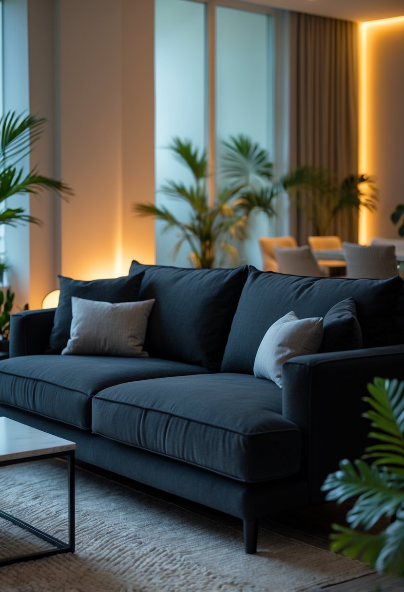 A living room with a dark gray sofa illuminated by soft lighting, featuring a coffee table, rug, and plants.