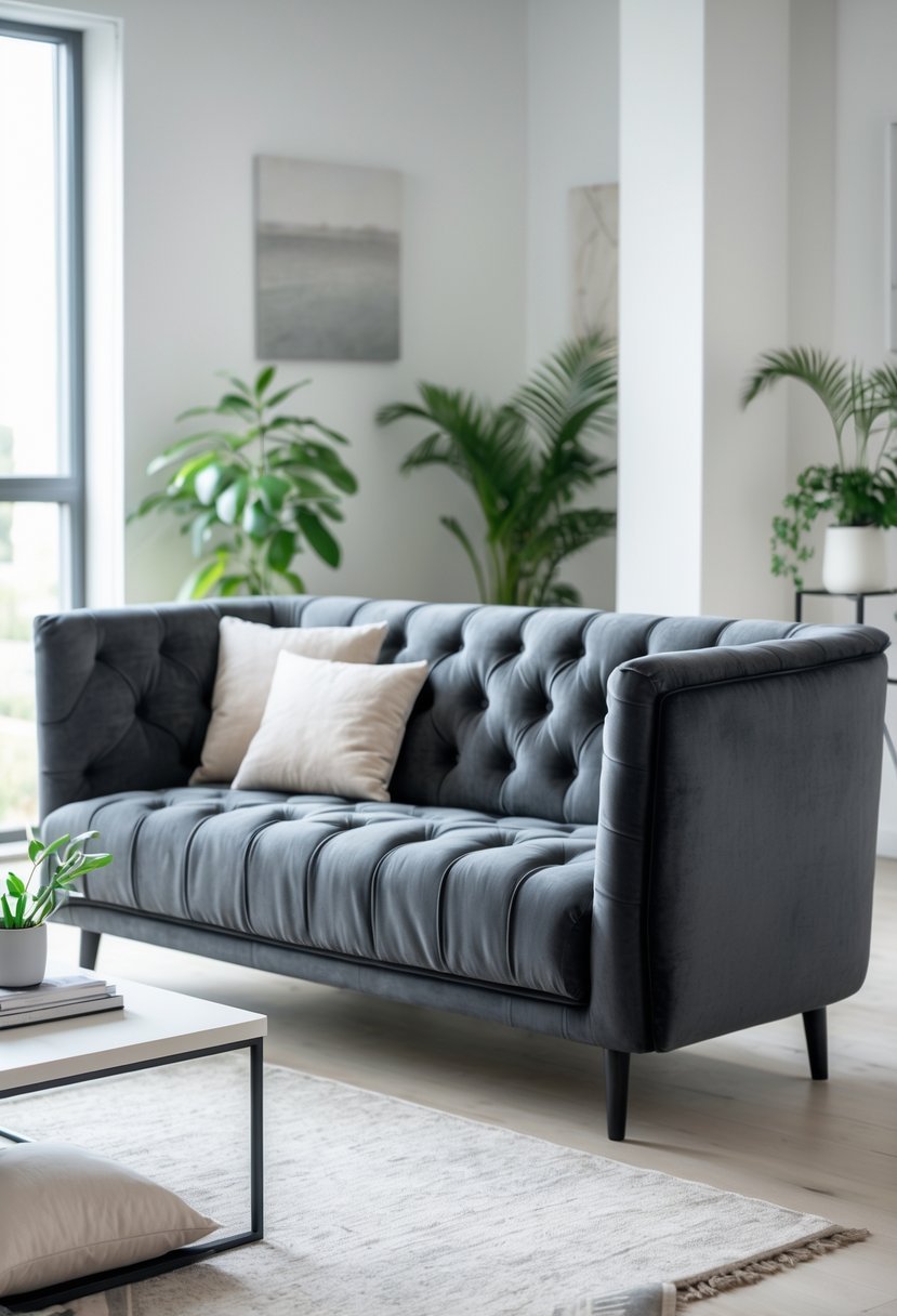 Living room with a tufted dark gray sofa, coffee table, rug, and indoor plants.