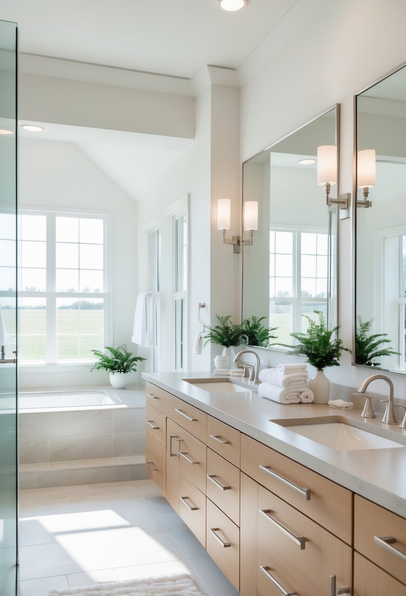 A bright bathroom with a double vanity featuring two sinks, large mirrors, and decorative plants.