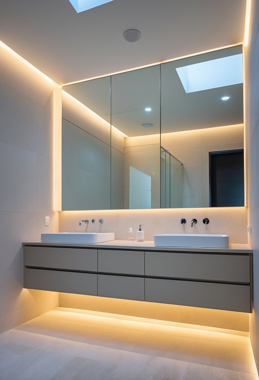 A bathroom with a floating double vanity illuminated by under-cabinet lighting, featuring two sinks and a large mirror.