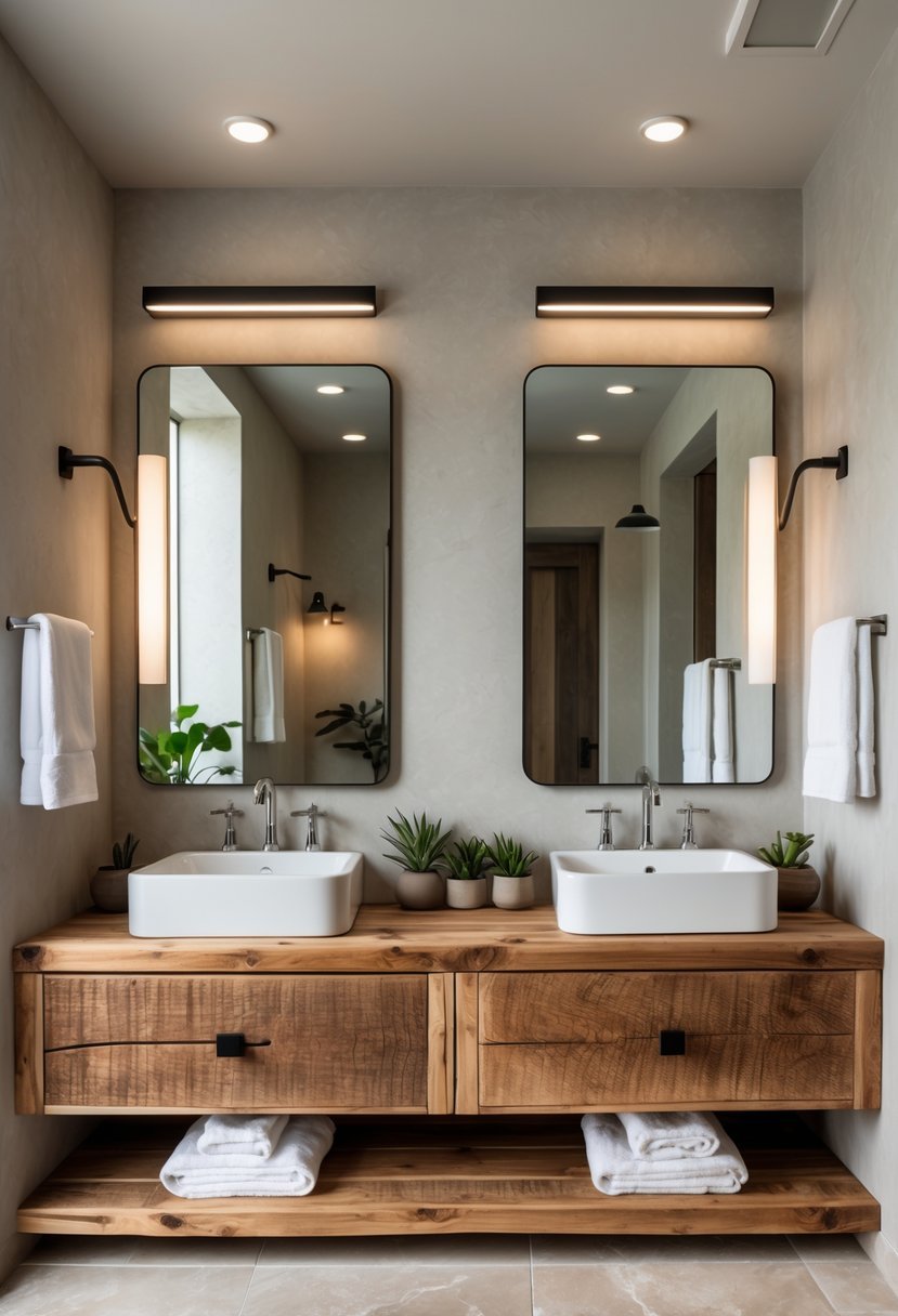 A bathroom with a double sink wooden vanity, two mirrors, and natural light.
