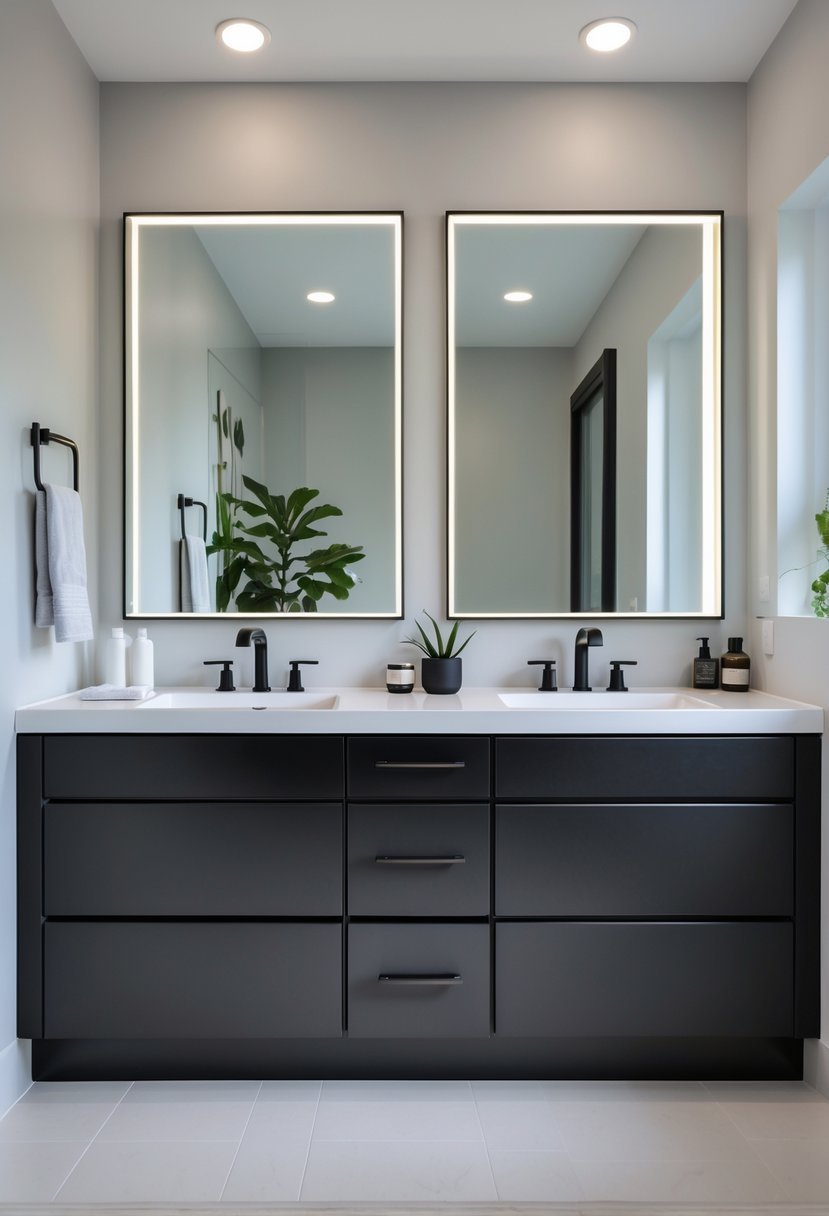 Bathroom with a double vanity featuring two sinks, black cabinetry, mirrors, and minimal decor.