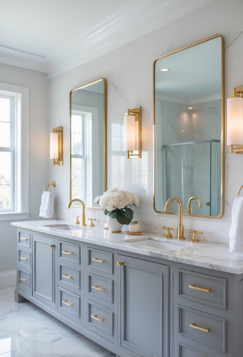 A bathroom with a double vanity featuring a marble countertop and gold faucets under two mirrors with soft lighting.