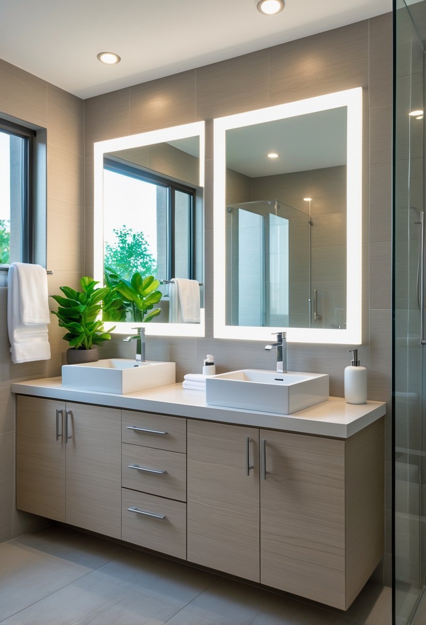 A bathroom with a double vanity featuring two sinks and illuminated mirrors above them.