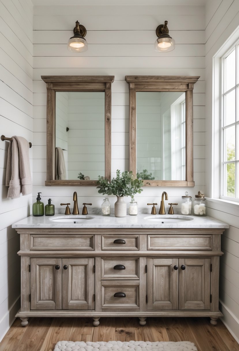 A bathroom with a wooden double vanity, two sinks, two mirrors, and natural light coming through a window.